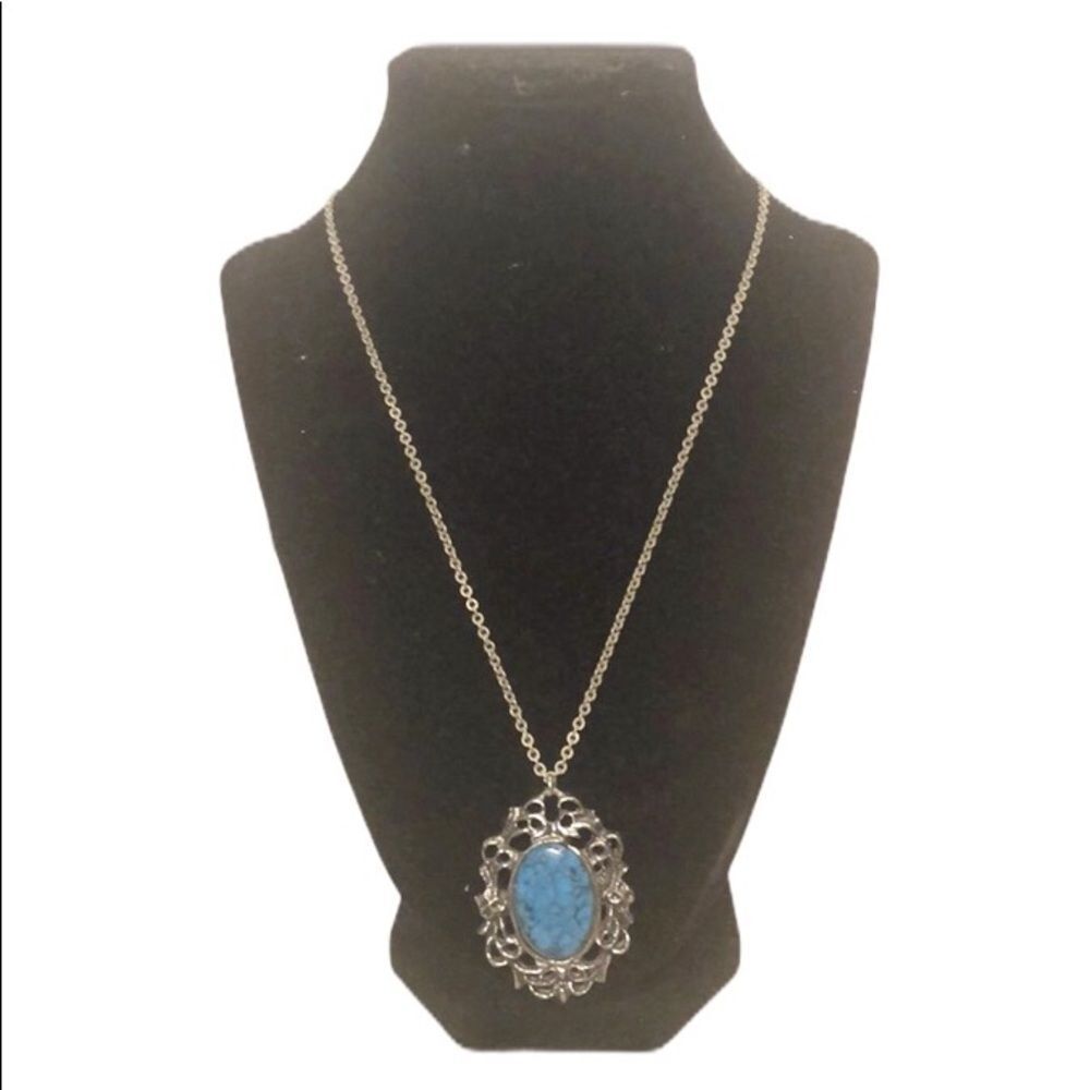 Vintage 1970s Simulated Turquoise Cabuchon Pendant Long Chain Unmarked